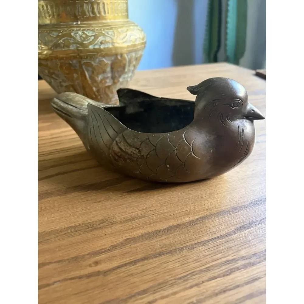 Antique Japanese Bronze Bird Bowl Bronze Planter Hand Etched Bird Vase